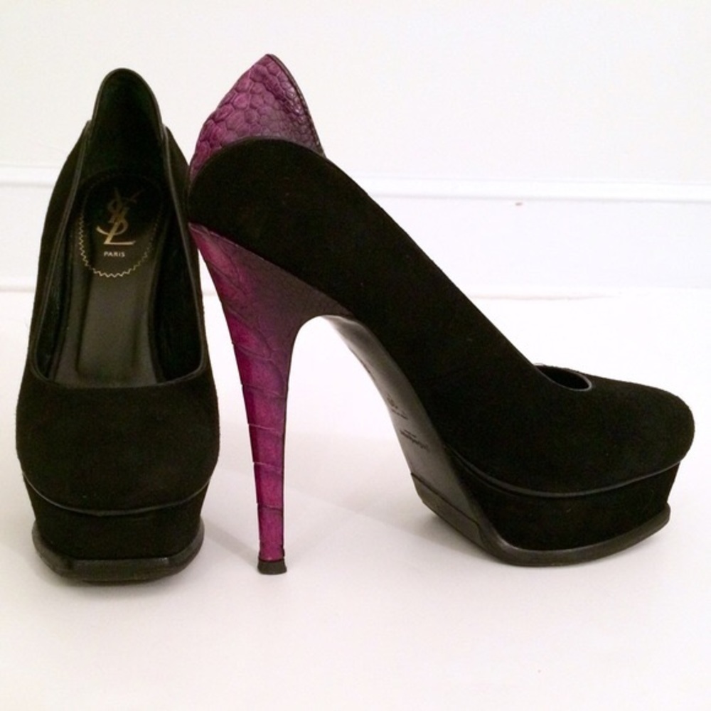 YSL black suede purple croc heel tributes